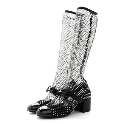 Chanel Resille Strass Kid Suede Patent Mary Jane Short Boots 40.5 Black 3 of 11