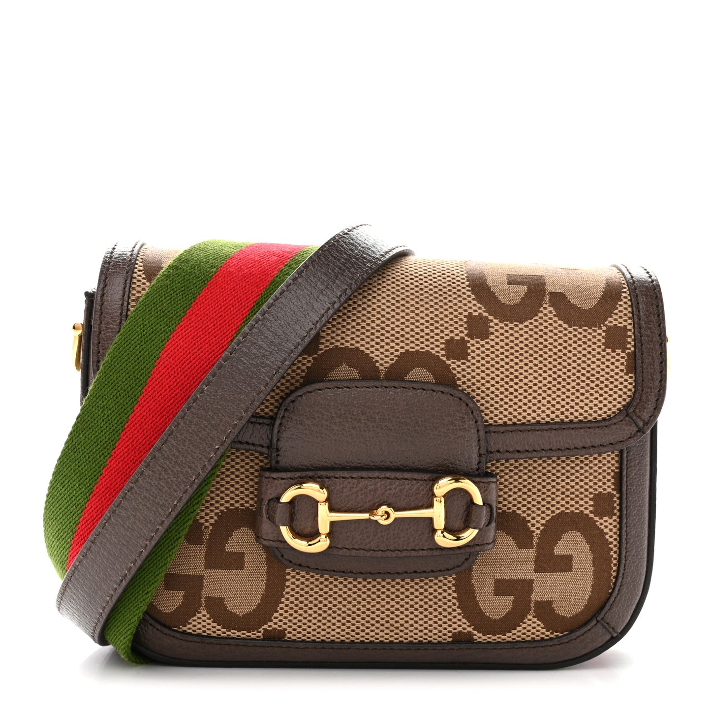 Monogram Jumbo GG Textured Dollar Calfskin Web Mini Horsebit 1955 Shoulder Bag Camel Ebony New Acero