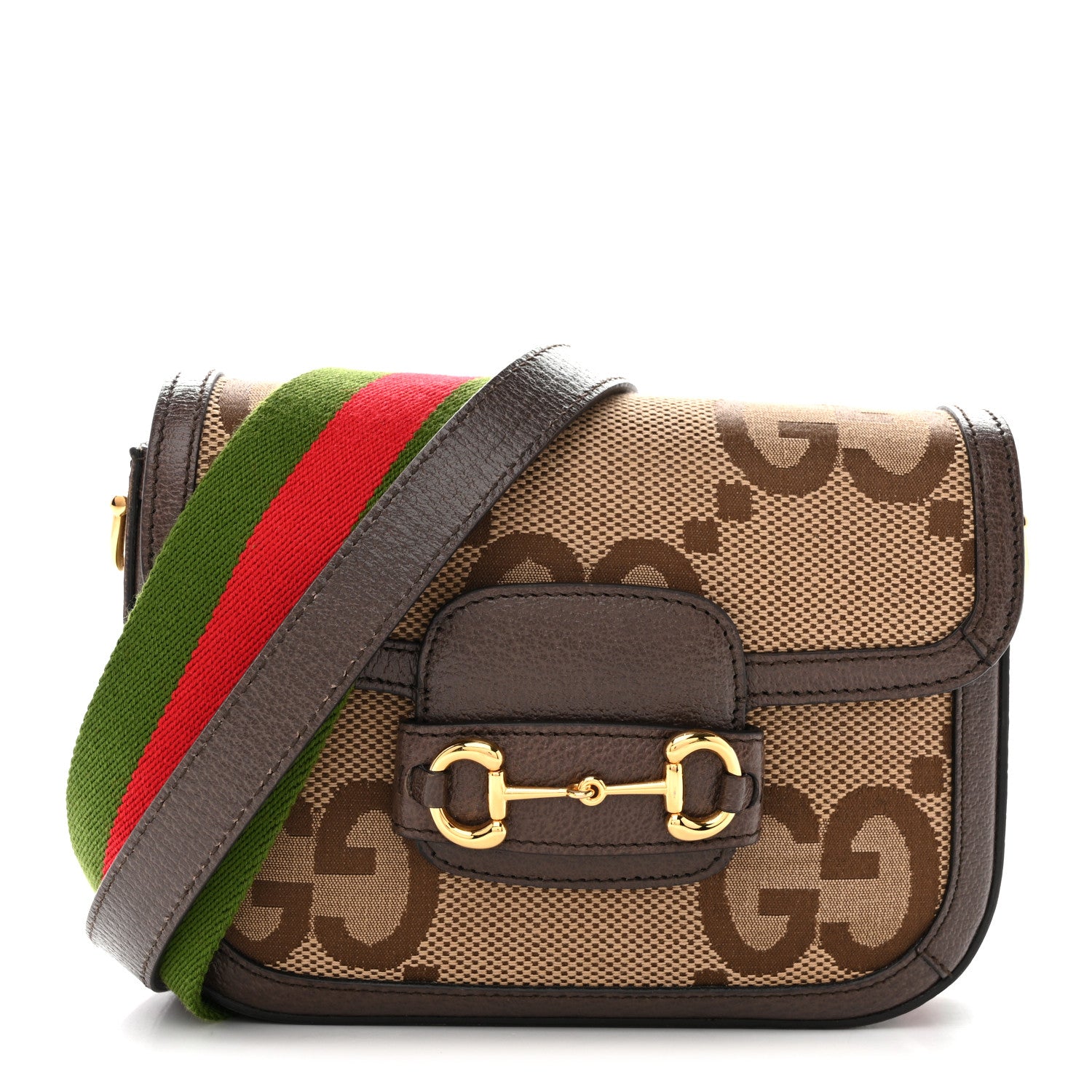 Gucci Monogram Jumbo GG Textured Dollar Calfskin Web Mini Horsebit 1955 Shoulder Bag Camel Ebony New Acero 1 of 12