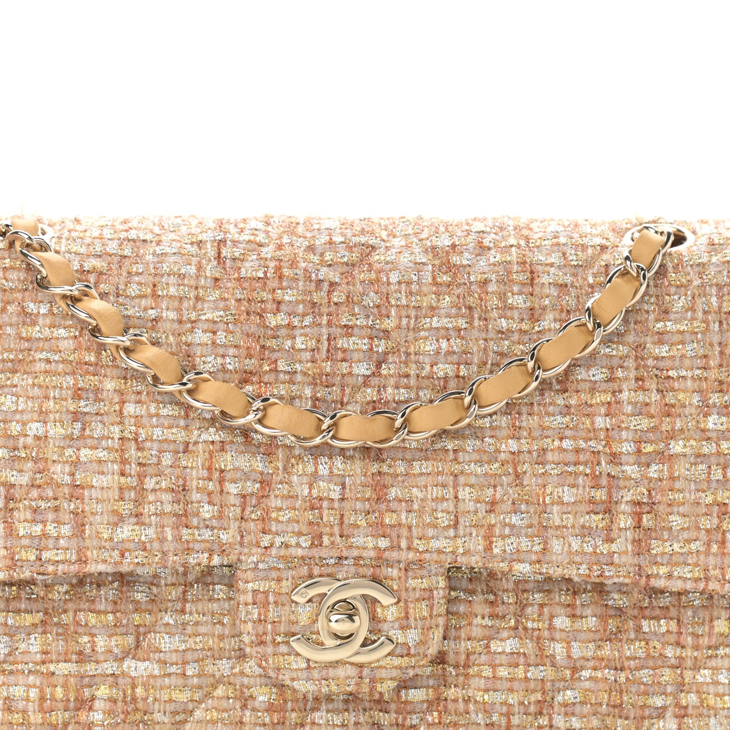 Tweed Quilted Medium Double Flap Beige Multicolor