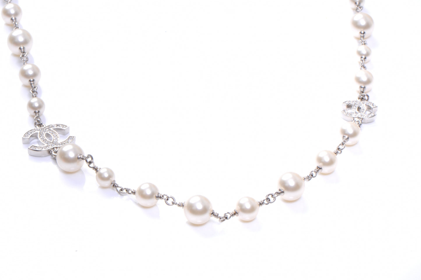 Crystal Pearl CC Long Necklace Silver