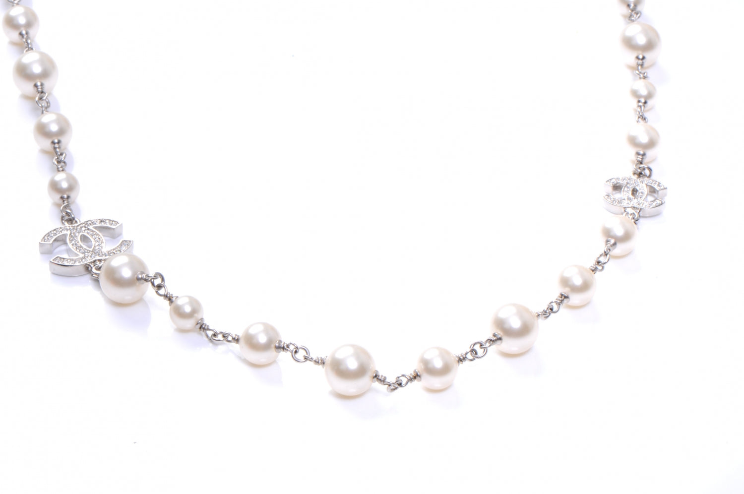 Chanel Crystal Pearl CC Long Necklace Silver 1 of 5