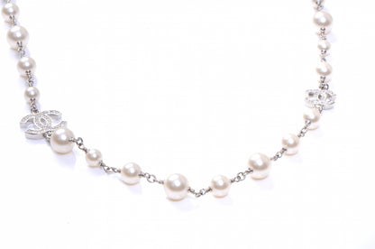 Chanel Crystal Pearl CC Long Necklace Silver 1 of 5