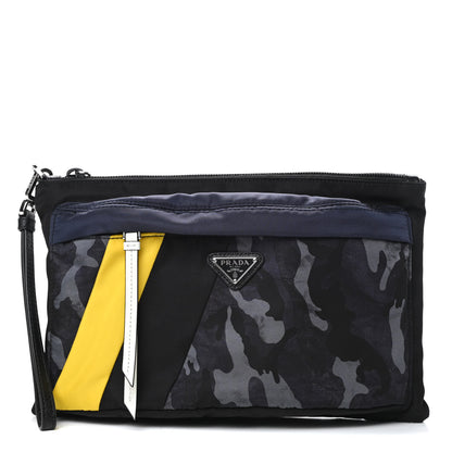 Prada Tessuto Nylon Saffiano Patch Camouflage Pouch Blue Black 1 of 8