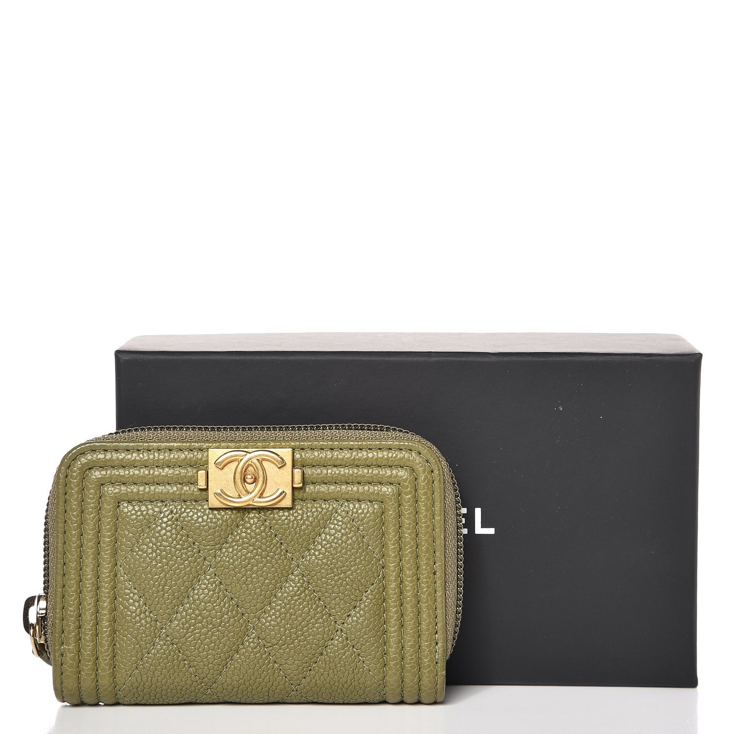 Chanel Caviar Quilted Boy Zip Around Coin Purse Wallet Green 8 of 8