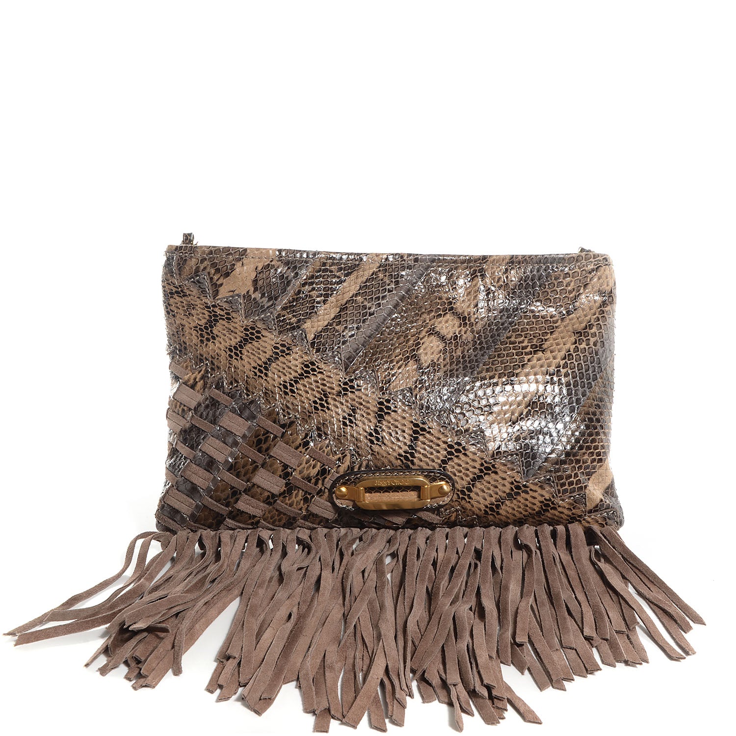 Jimmy Choo Snakeskin Suede Fringe Tita Convertible Clutch 1 of 7