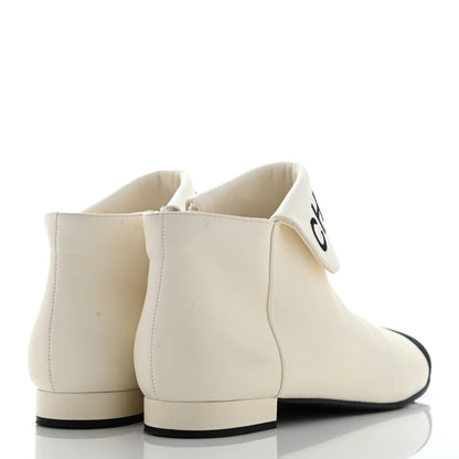 Chanel Lambskin Grosgrain Fold Over Logo Cap Toe Boots 38 Ivory Black 4 of 12