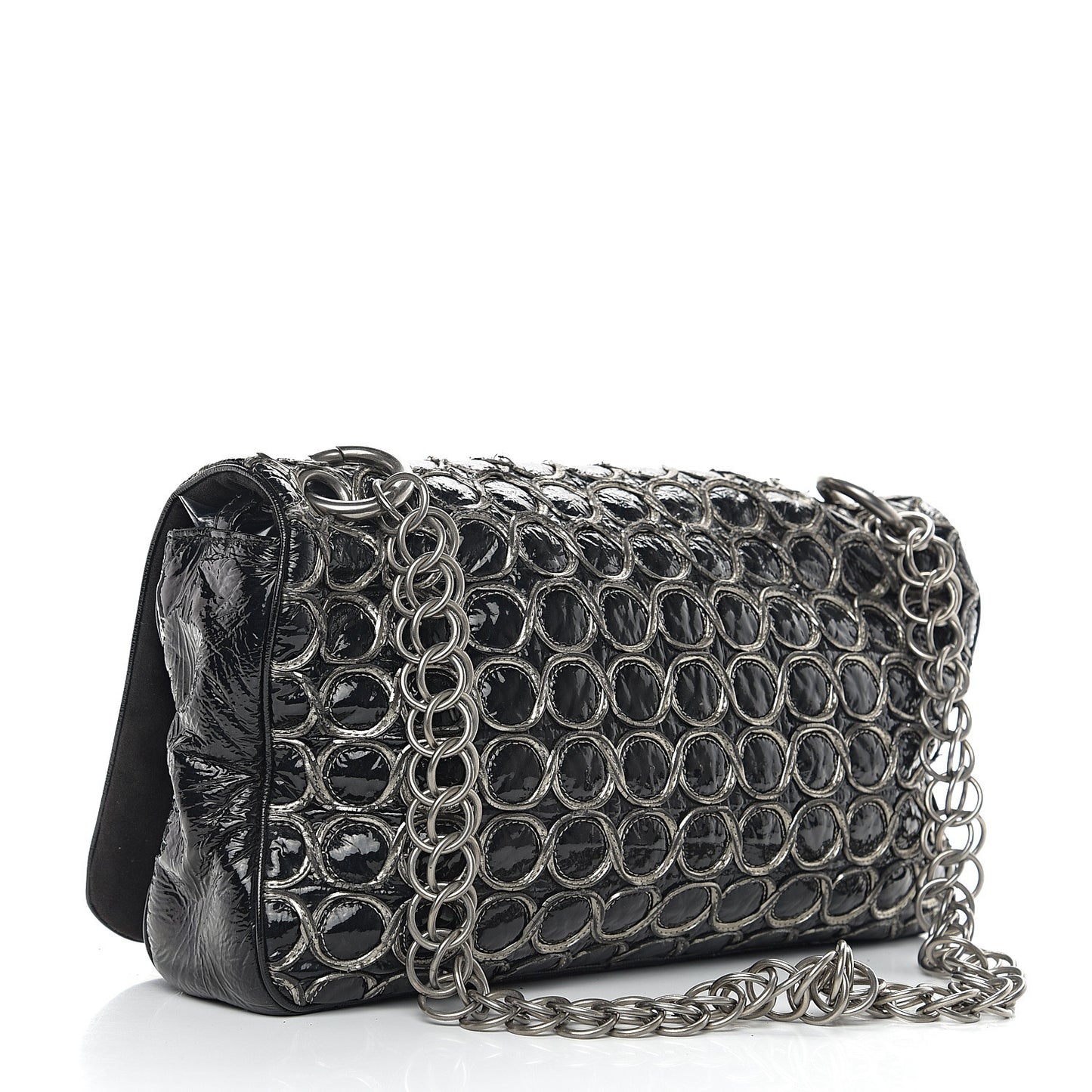 Distressed Patent Quilted Flap Bag Black