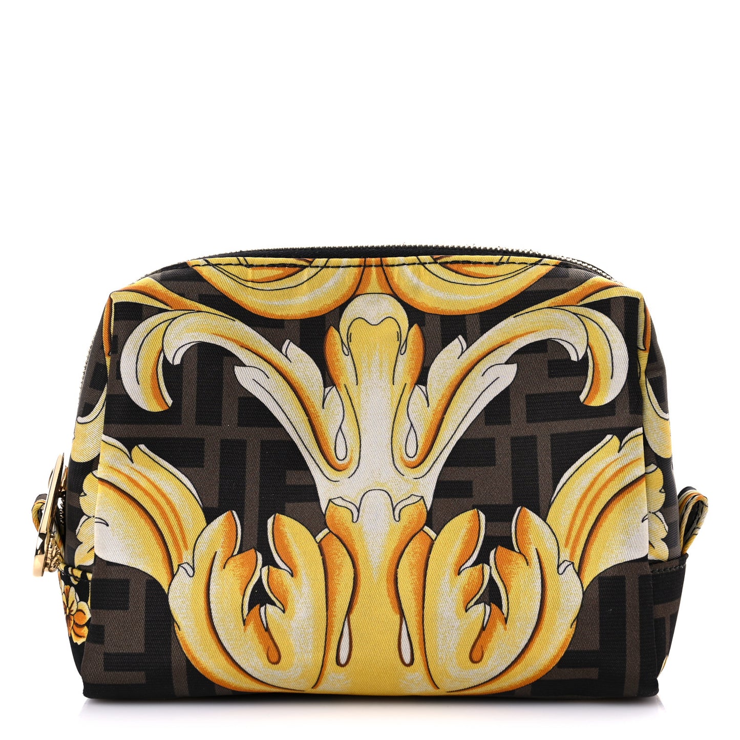 X VERSACE Nylon Fendace FF Baroque Print Small Trapezoid Beauty Pouch Gold