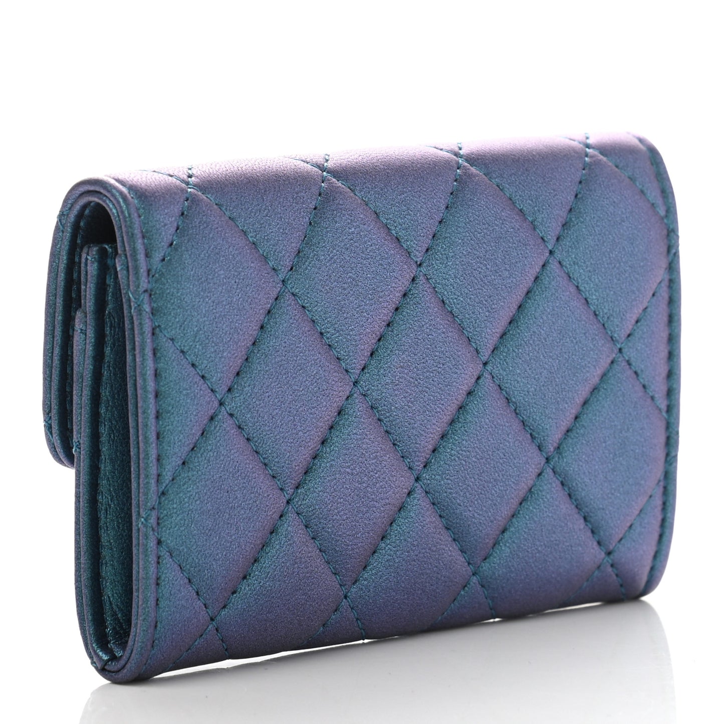 Iridescent Lambskin Quilted Flap Card Holder Turquoise