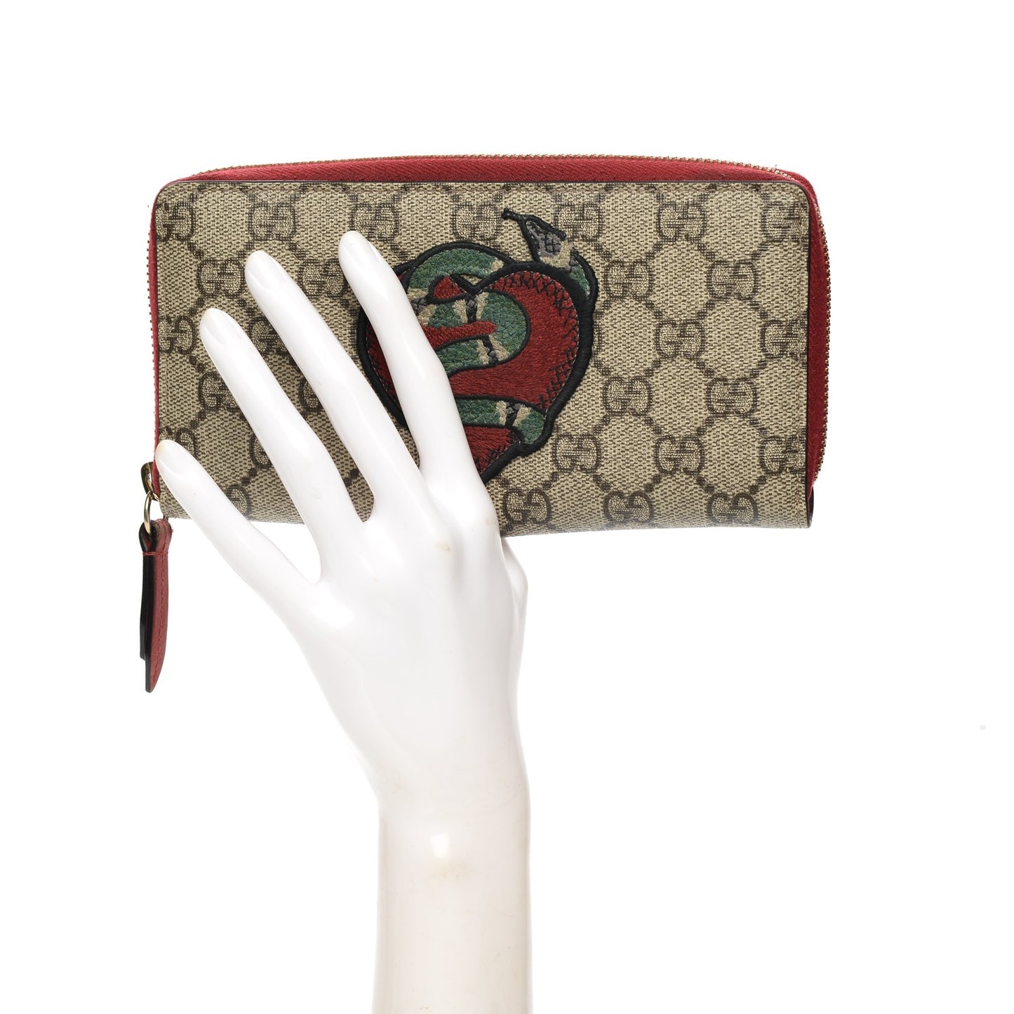 GG Supreme Monogram Kingsnake Heart Embroidered Zip Around Wallet Red