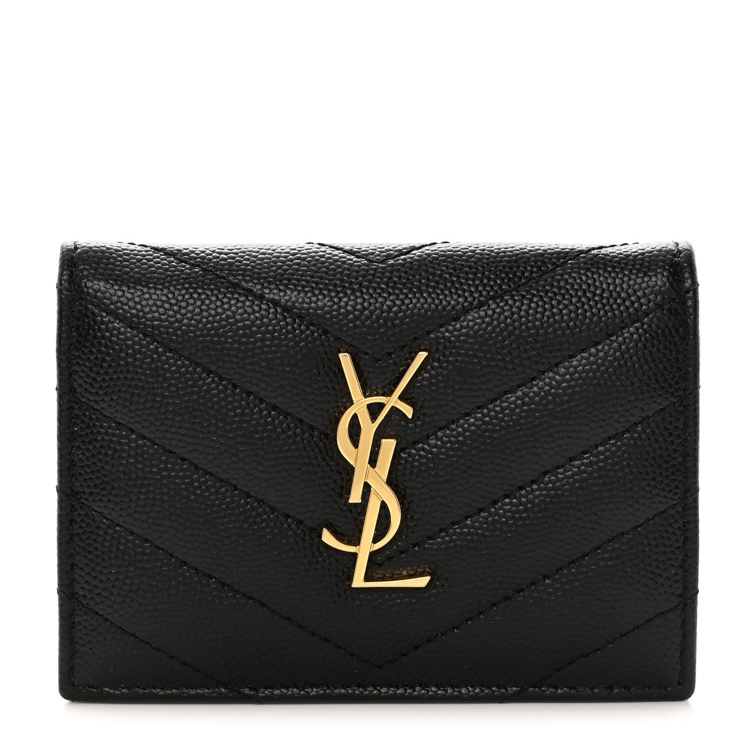 Saint Laurent Grain De Poudre Matelasse Chevron Monogram Flap Card Case Black 1 of 11