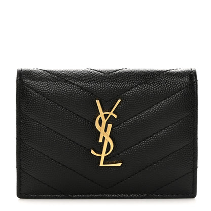 Saint Laurent Grain De Poudre Matelasse Chevron Monogram Flap Card Case Black 1 of 11