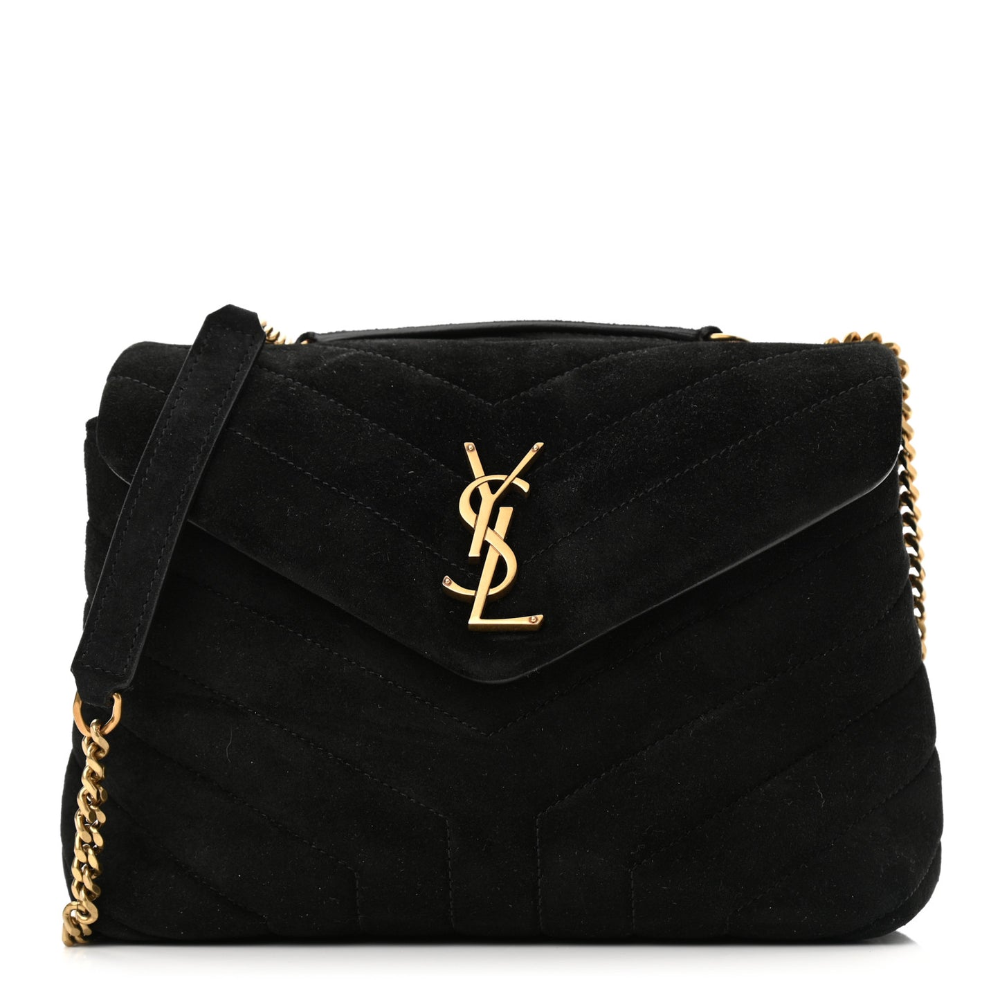 Suede Calfskin Y Quilted Monogram Small Loulou Chain Satchel Black