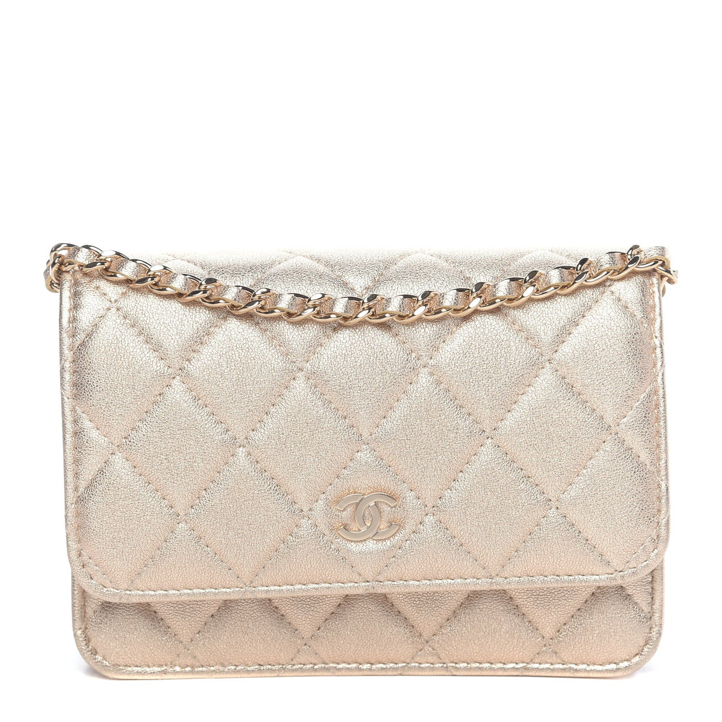 Metallic Lambskin Quilted Mini Wallet On Chain WOC Gold