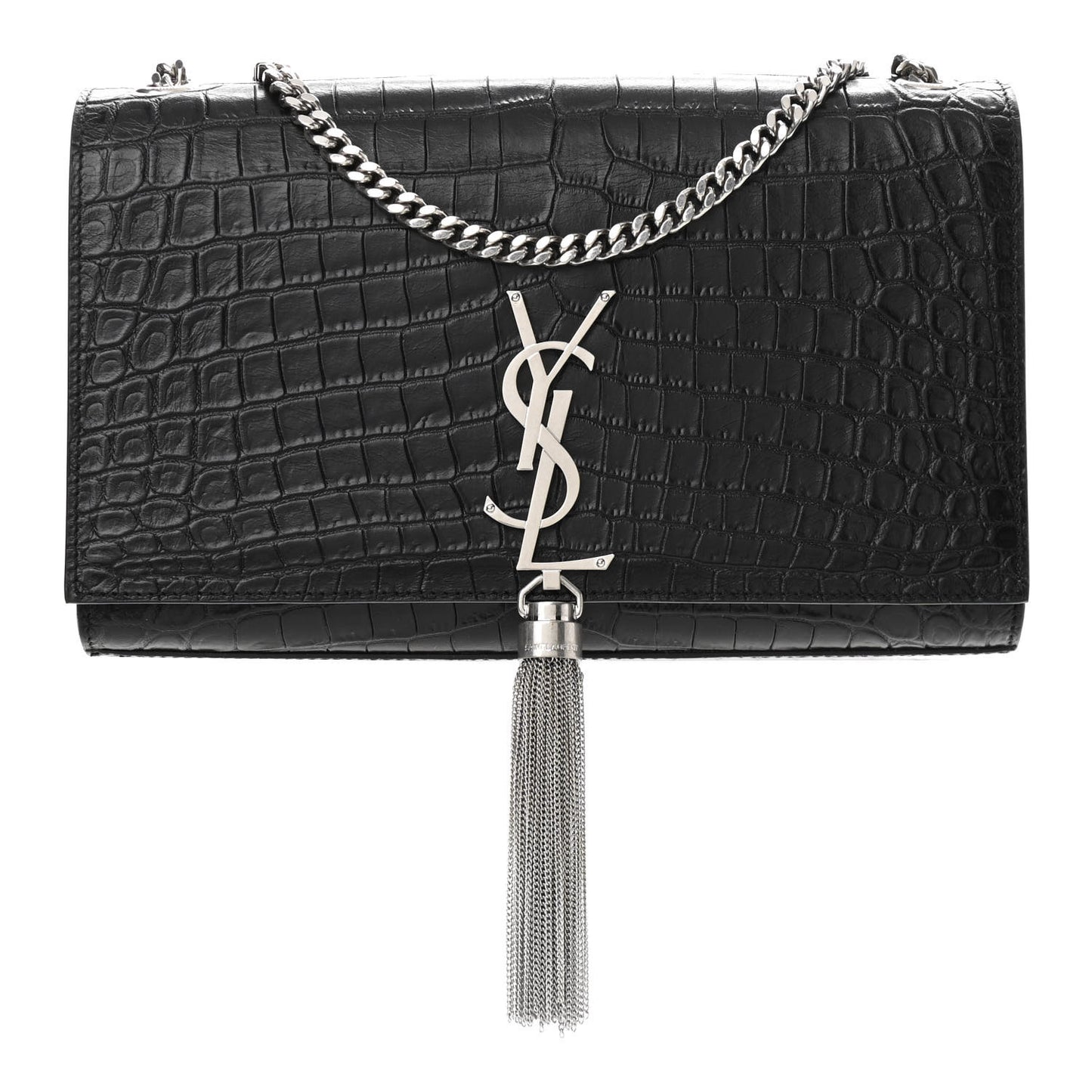 Calfskin Crocodile Embossed Medium Classic Monogram Kate Tassel Satchel Black