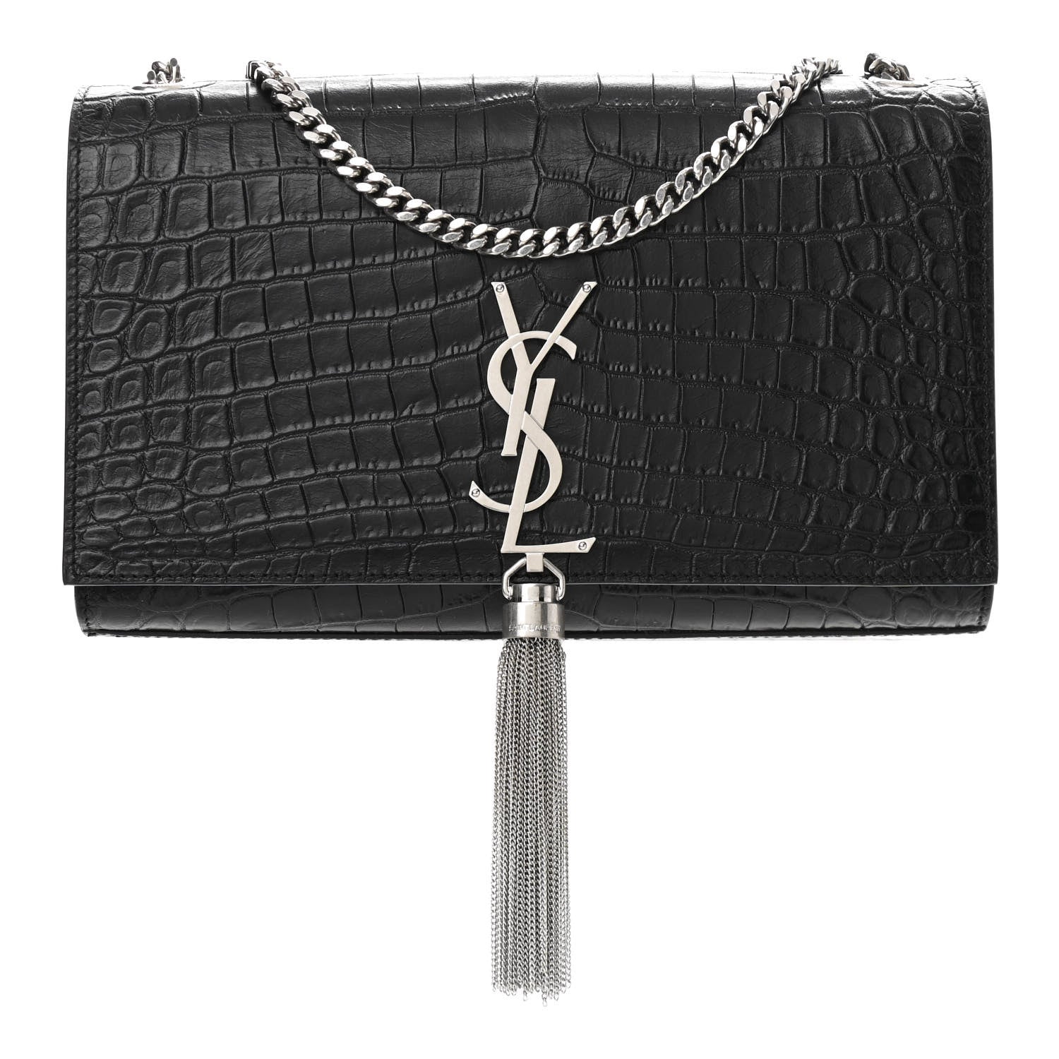 Saint Laurent Calfskin Crocodile Embossed Medium Classic Monogram Kate Tassel Satchel Black 1 of 11