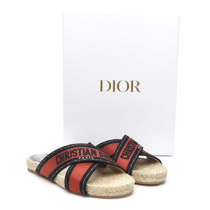 Christian Dior Canvas Embroidered Granville Espadrille Crisscross Flat Slide Sandals 37.5 Spicy Red 9 of 9