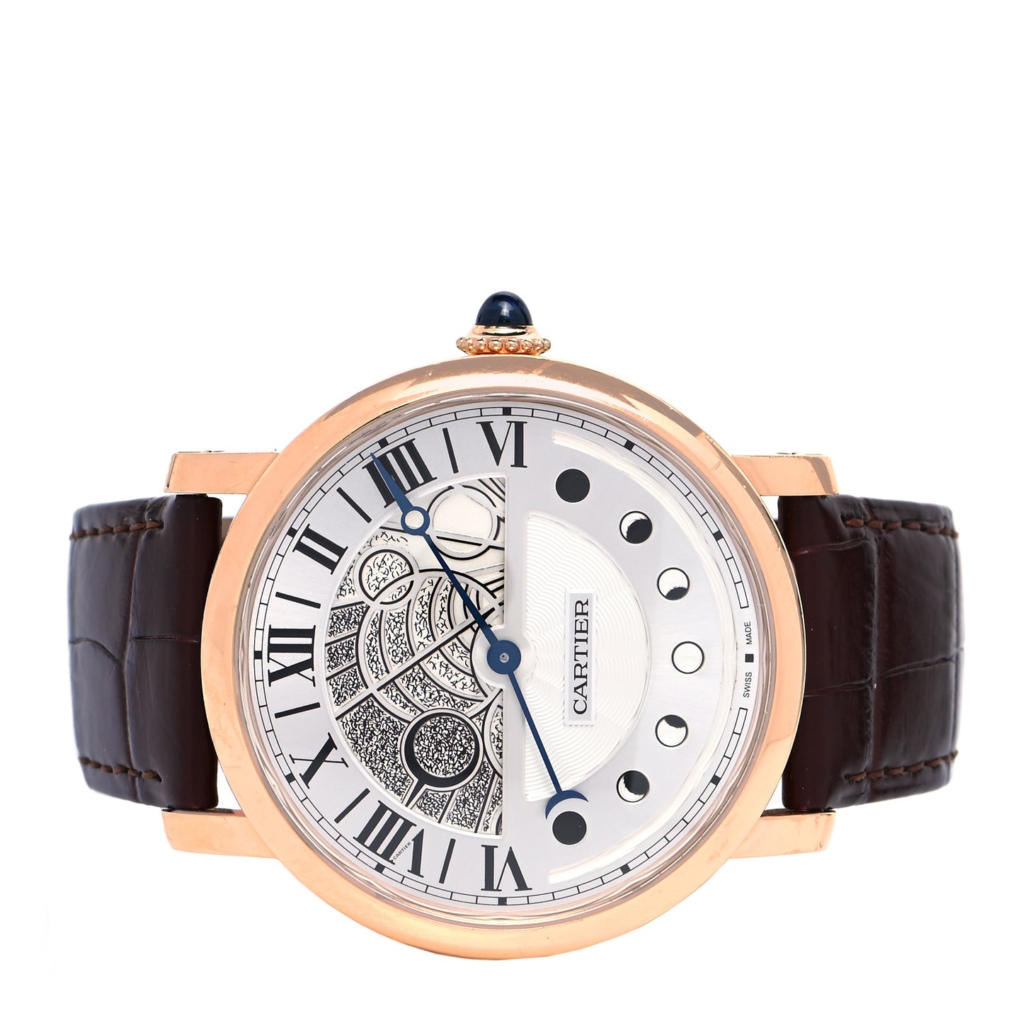 18K Pink Gold Alligator 43mm Rotonde de Cartier Moon Phases Automatic Watch Brown