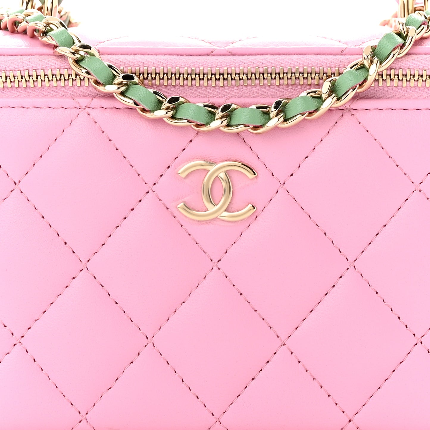 Lambskin Quilted Small Top Handle Vanity Case With Chain Lilac Light Green