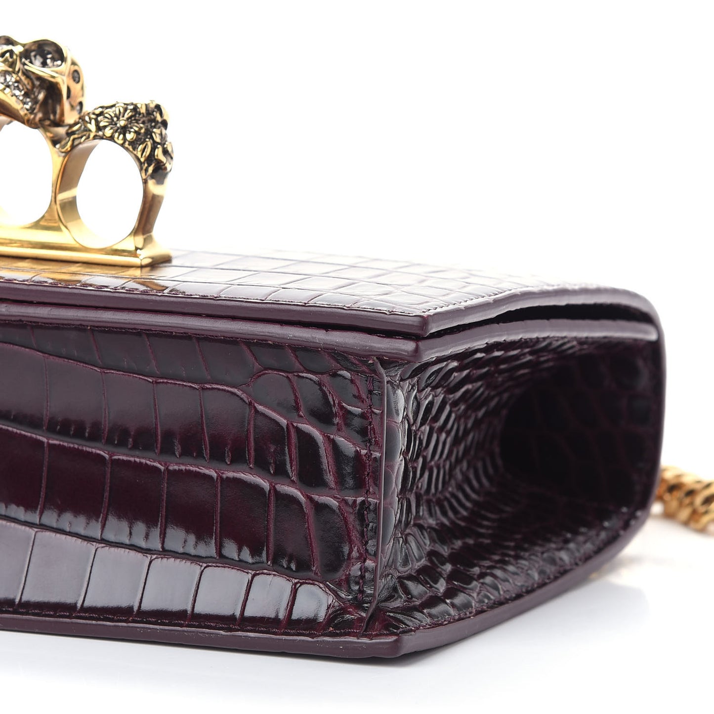 Shiny Crocodile Embossed Jeweled Satchel Burgundy