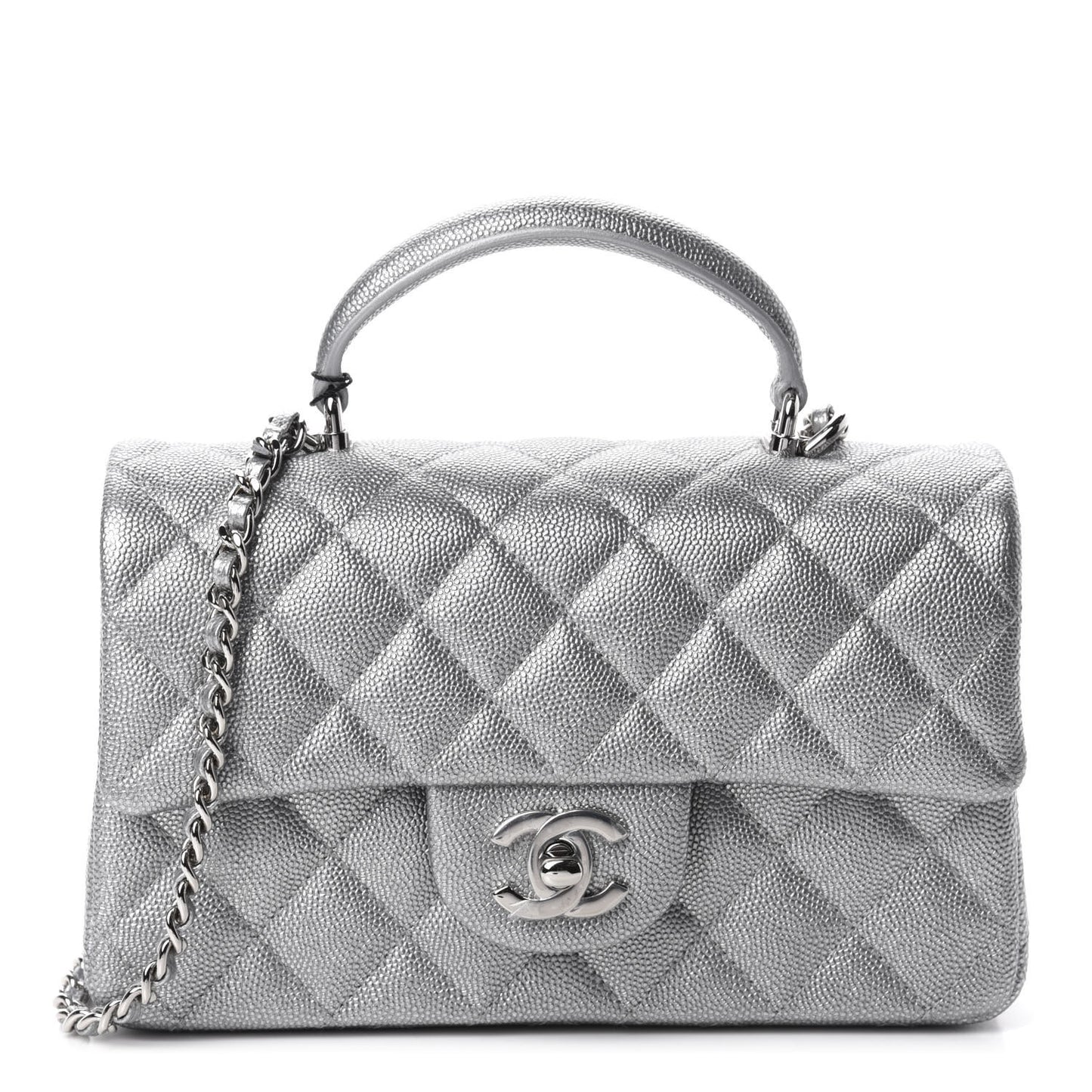 Metallic Caviar Quilted Mini Top Handle Rectangular Flap Silver