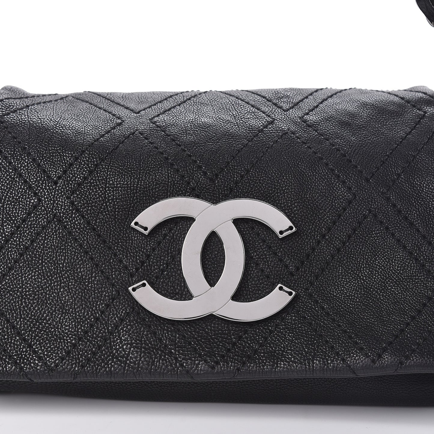 Calfskin Diamond Stitch Accordion Flap Black