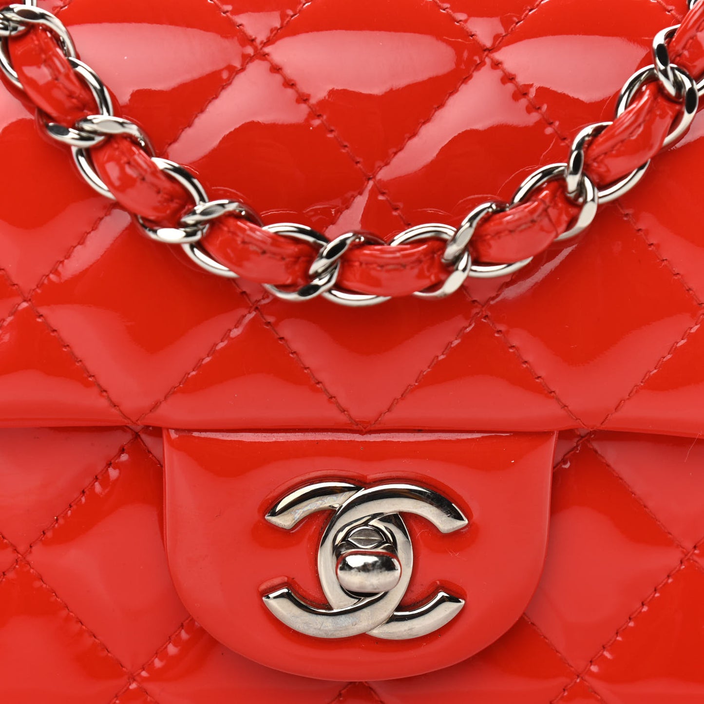 Patent Calfskin Quilted Mini Rectangular Flap Red