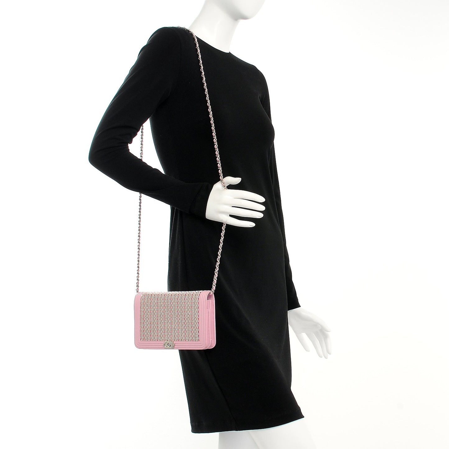 Calfskin Crystal Studded Boy Wallet On Chain WOC Pink