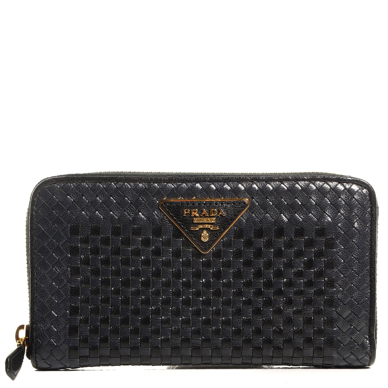 Prada Goatskin Woven Zip Around Wallet Black 1 of 8