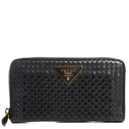 Prada Goatskin Woven Zip Around Wallet Black 1 of 8