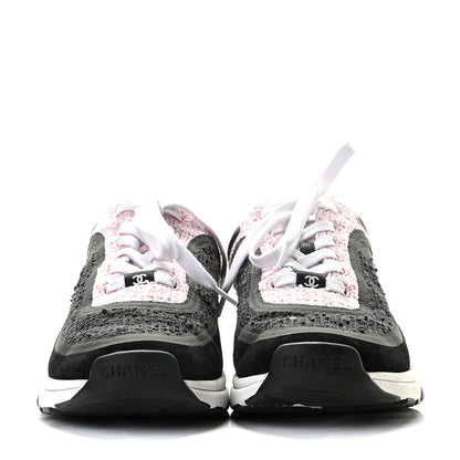 Chanel Tweed Suede Calfskin CC Sneakers 38.5 Gray Pink 2 of 11