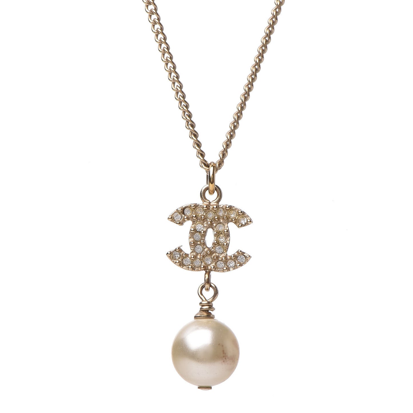 Crystal Pearl CC Drop Necklace Gold