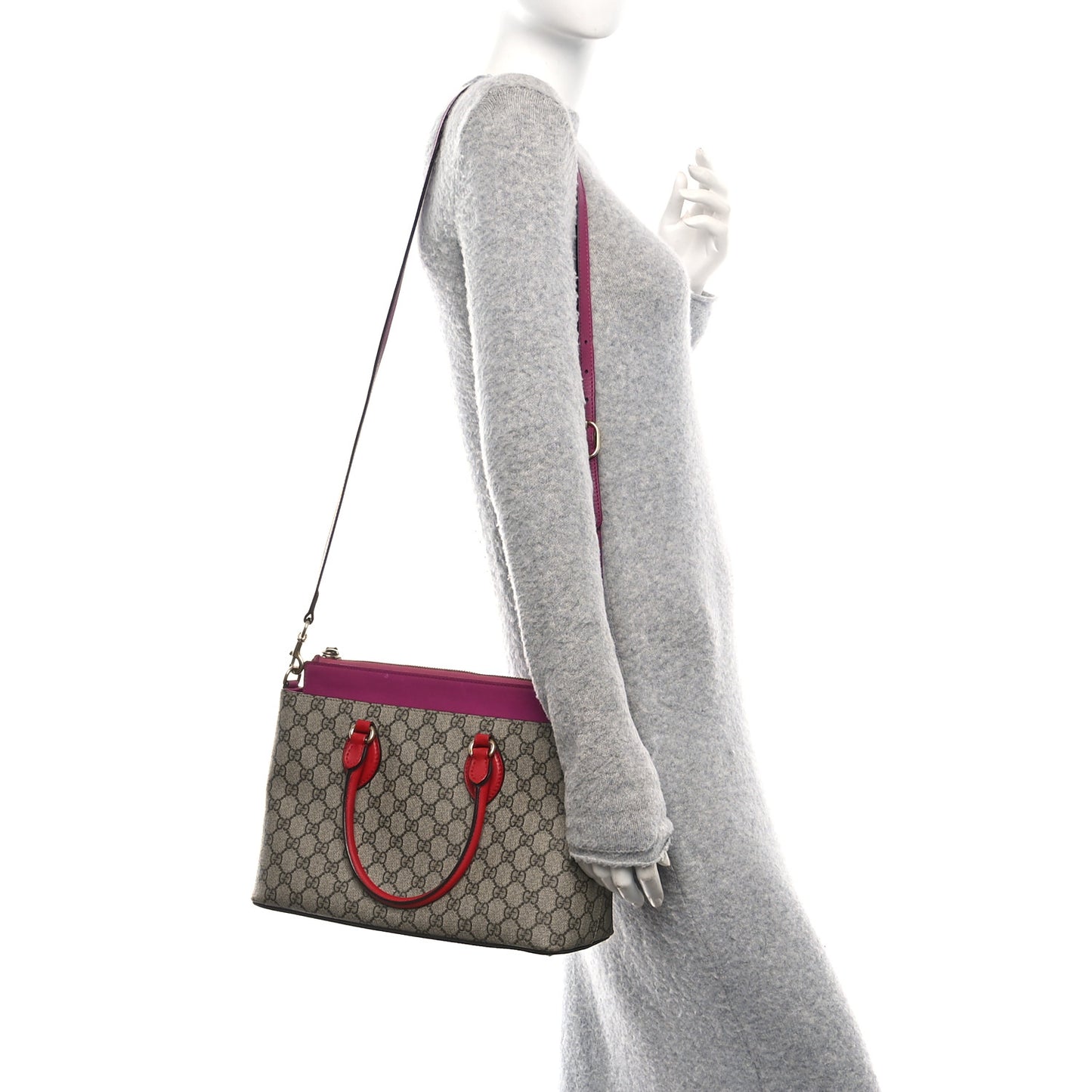 GG Supreme Monogram Moon Calfskin Small Zip Top Tote Beige Ebony Hibiscus Red New Rosette