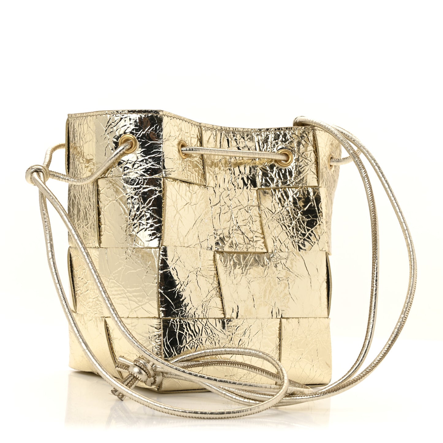 Metallic Crushed Nappa Maxi Intrecciato Small Cassette Bucket Bag Gold