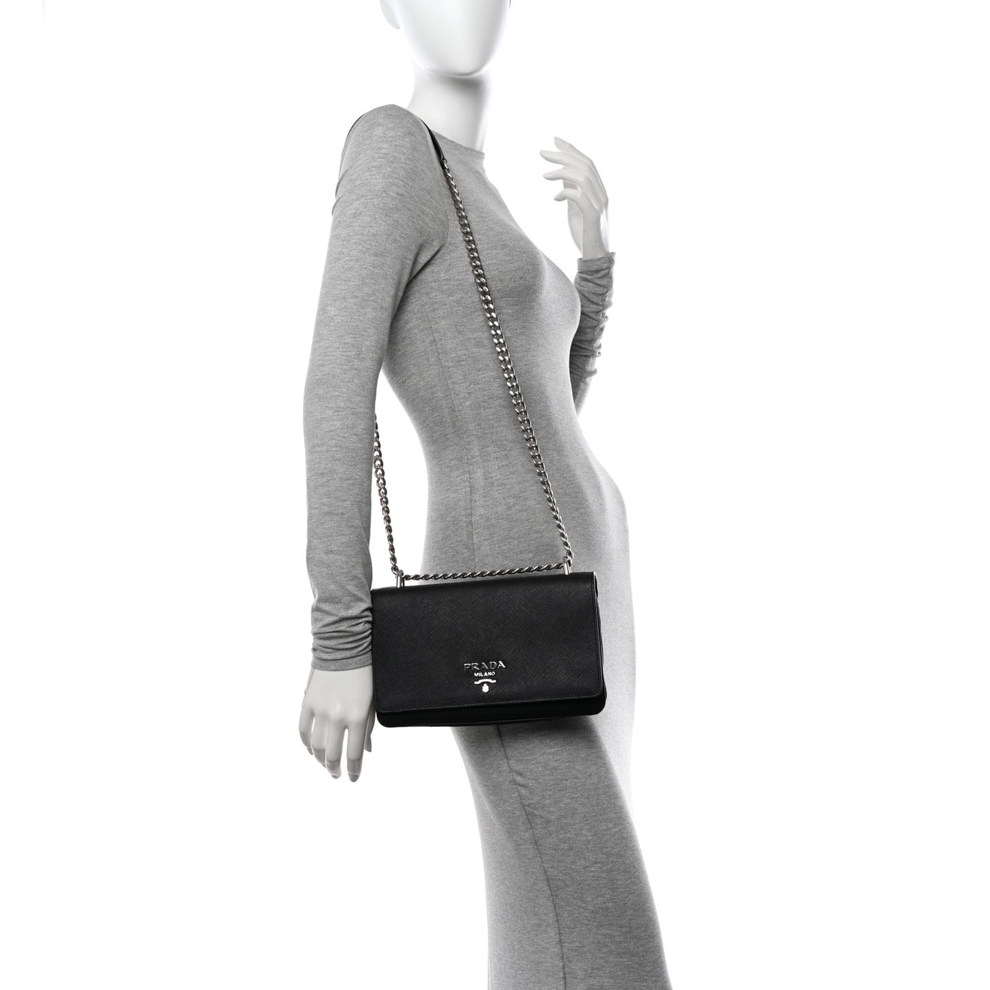 Saffiano Tessuto Nylon Chain Shoulder Bag Black