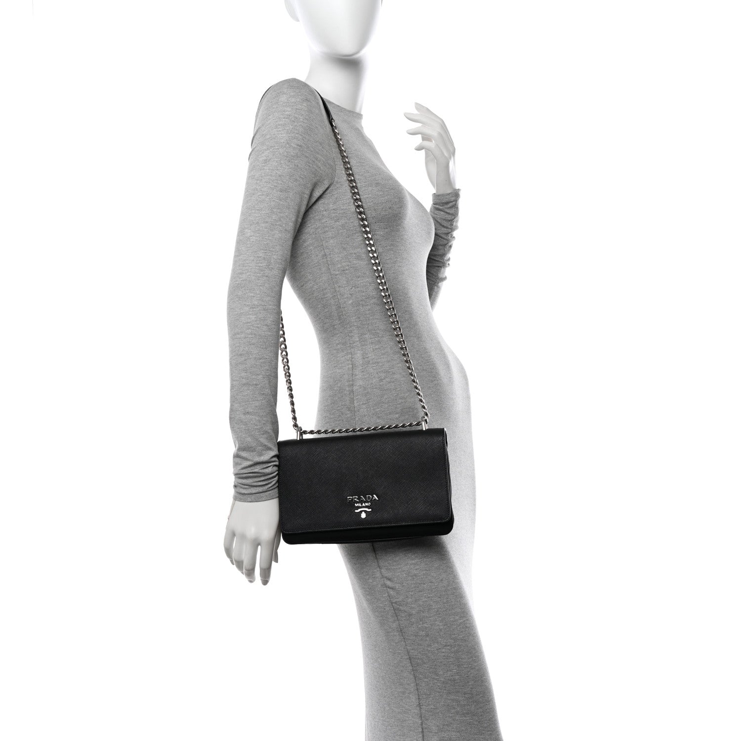 Prada Saffiano Tessuto Nylon Chain Shoulder Bag Black 2 of 13