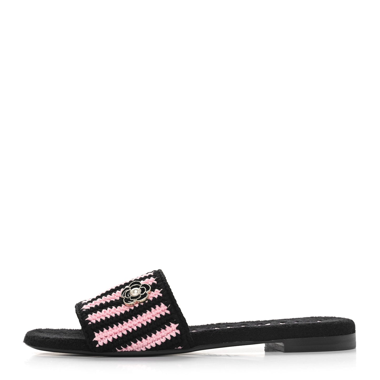 Crochet Striped Enamel Camellia Mules Sandals 41 Pink Black