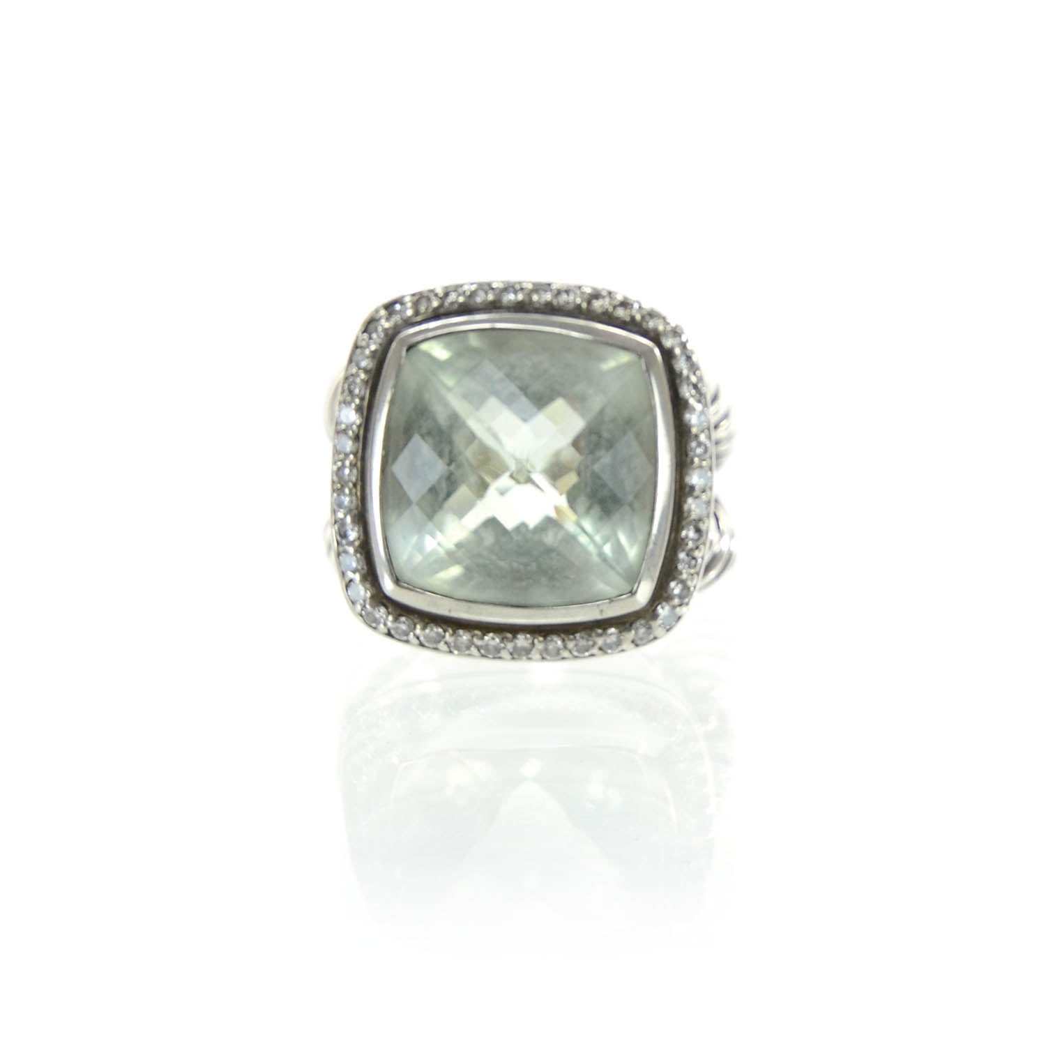 David Yurman Sterling Silver Diamond Prasiolite 14mm Albion Ring 54 7 2 of 6