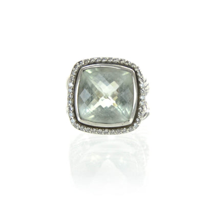 David Yurman Sterling Silver Diamond Prasiolite 14mm Albion Ring 54 7 2 of 6