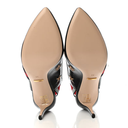 Gucci Calfskin Web Bee Star Embroidered Sylvie Mid Heel Slingback Pumps 39 Black 5 of 10