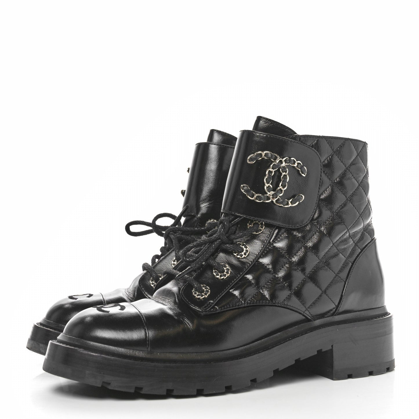 Shiny Goatskin Calfskin Quilted Lace Up Combat Boots 40 Black
