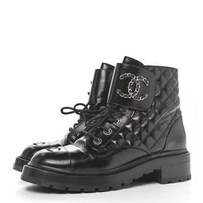 Chanel Shiny Goatskin Calfskin Quilted Lace Up Combat Boots 40 Black 3 of 8