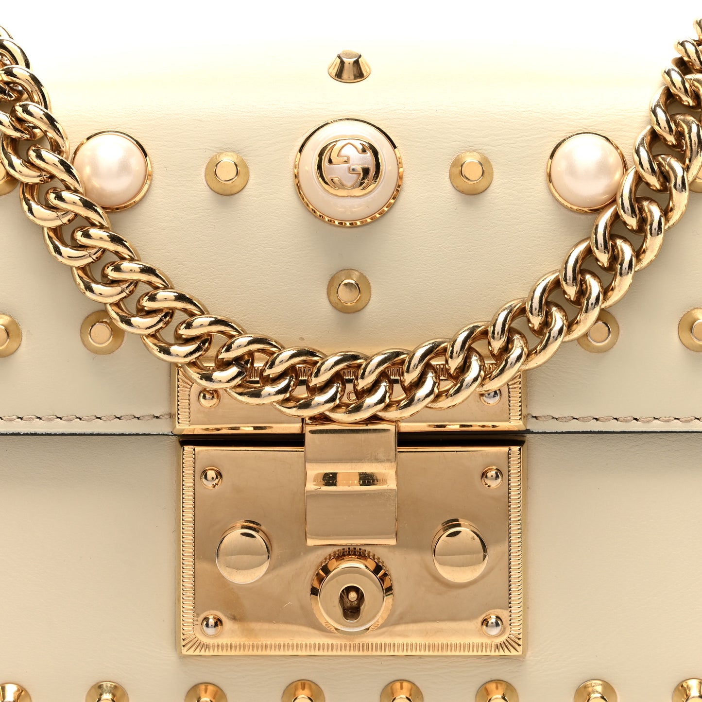 Calfskin Studded Small Padlock Shoulder Bag White