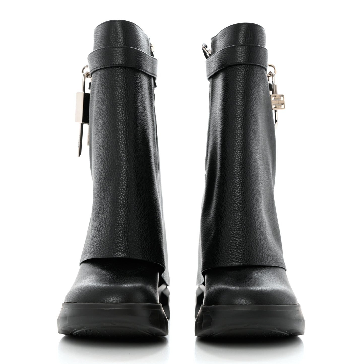 Grained Calfskin Shark Lock Biker Ankle Boots 41 Black