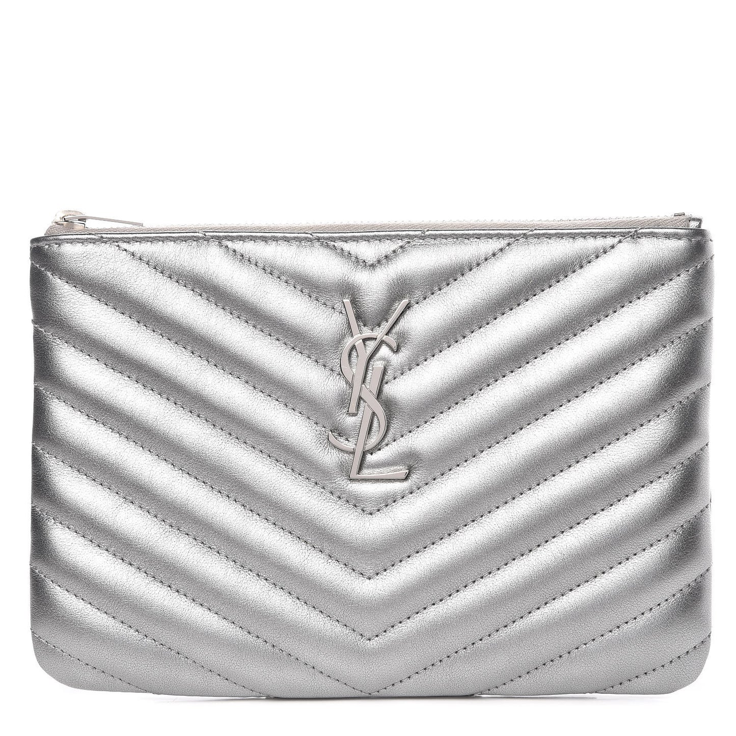 Metallic Calfskin Matelasse Chevron Monogram Pouch Silver