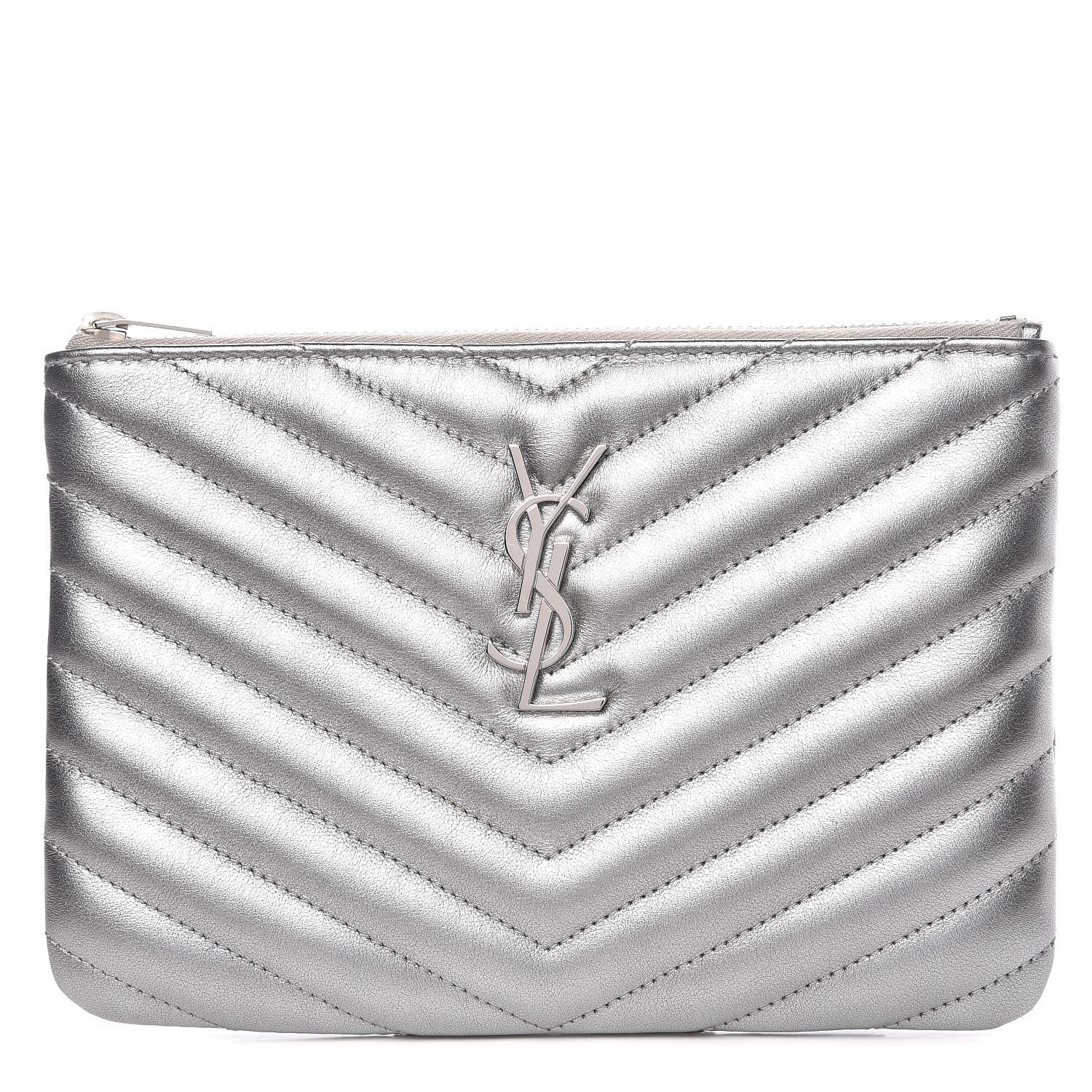 Saint Laurent Metallic Calfskin Matelasse Chevron Monogram Pouch Silver 1 of 16