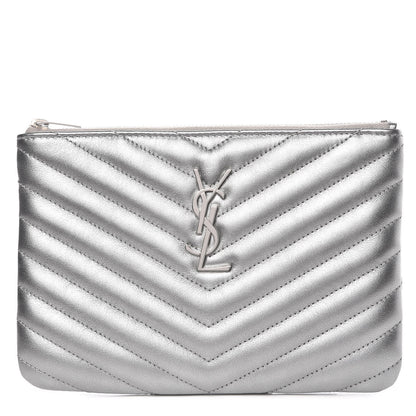 Saint Laurent Metallic Calfskin Matelasse Chevron Monogram Pouch Silver 1 of 16