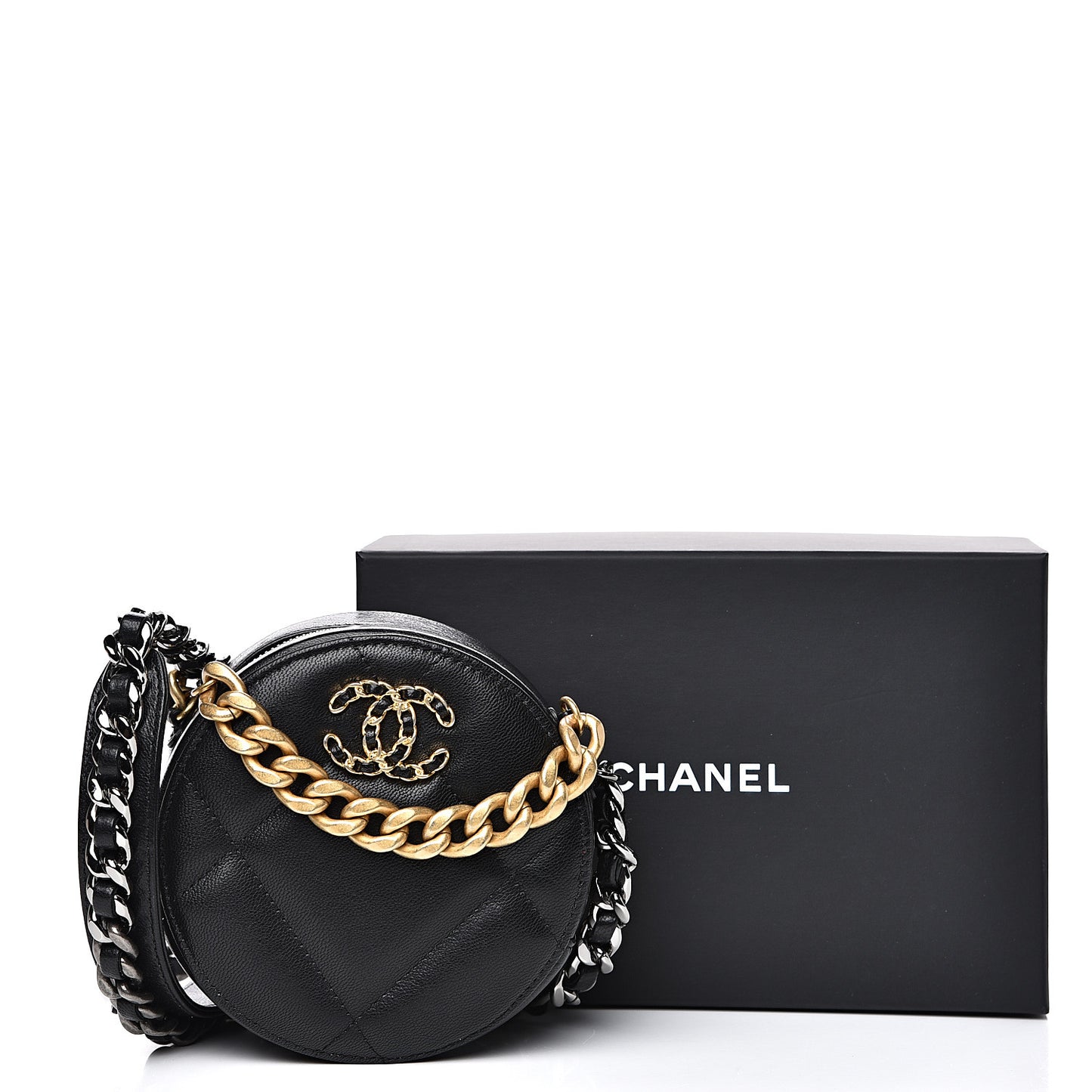 Shiny Goatskin Quilted 19 Round Clutch With Chain Black