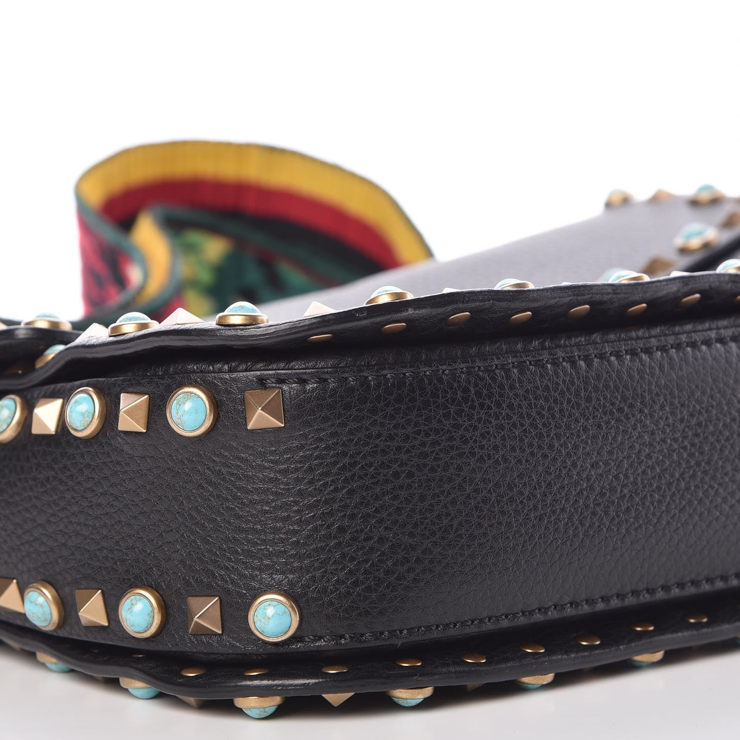 Valentino Garavani Pebbled Calfskin Turquoise Medium Guitar Strap Rockstud Rolling Flap Saddle Bag Black 8 of 9